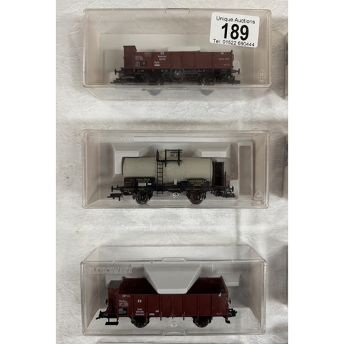 189 - 10 Boxed Fleischmann HO gauge rolling stock. 5831, 5833 x 2, 5834, 5837, 5840, 5841 x 2 & 5845 x 2