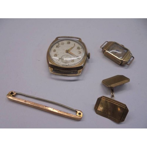 1059 - 2 9ct gold watch heads, a 9ct gold cuff link and a 9ct gold bar brooch, 10.5 grams and including pla... 