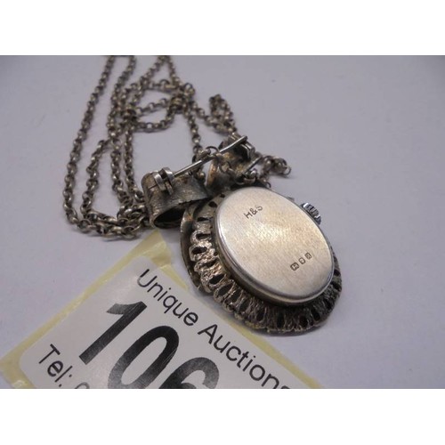 1061 - A silver cased 1975 Rona ladies pendant/brooch watch on 35cm chain, 0.7 ounces/21.2 grams including ... 