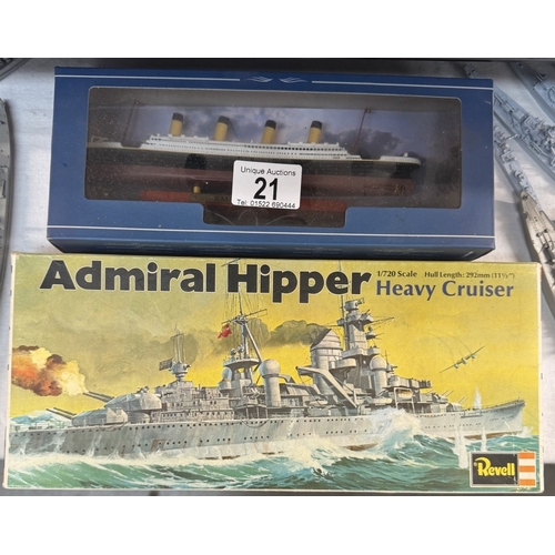 21 - A quantity of plastic battleships including boxed Revell 1/720 Admiral Hipper (Unchecked)