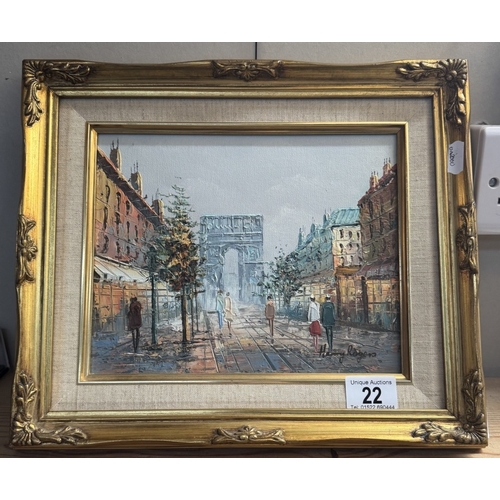 22 - A gilt framed oil on board Parisian scene by Henry Rogers