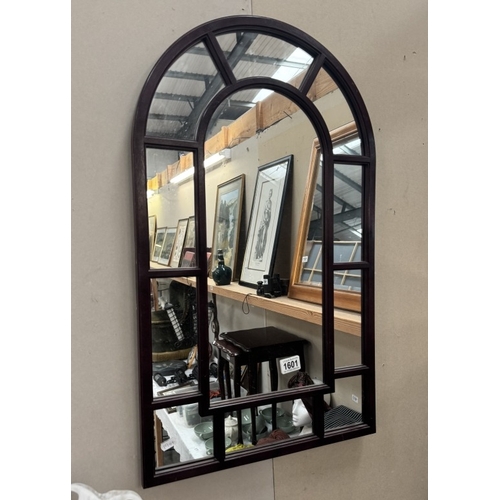 1601 - A darkwood stained window style wall mirror 45 x 75cm