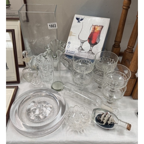 1603 - A quantity of glass including sundae dishes, ship in bottles etc