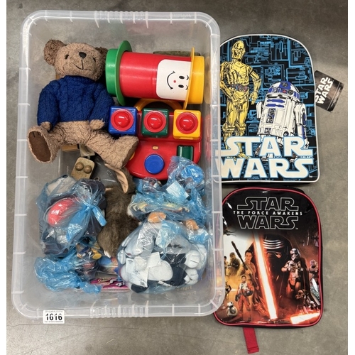 1616 - 2 Star Wars backpacks & a box of toys