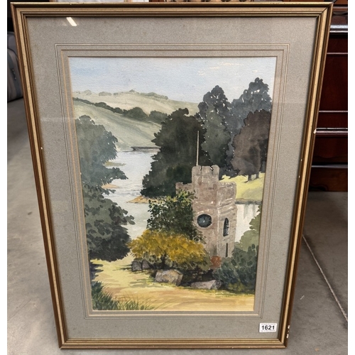 1621 - A large watercolour of a church tower beside water in the hillside