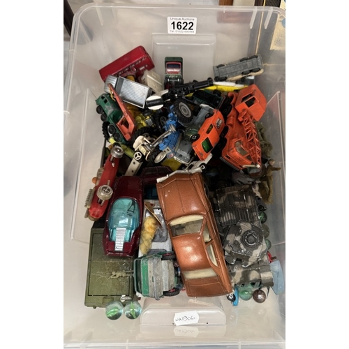 1622 - A box of playworn diecast including Matchbox, Corgi, Kojak, The Saint, Adams probe, Mini etc