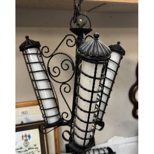 1624 - A vintage wrought iron ceiling light with 4 wall lights