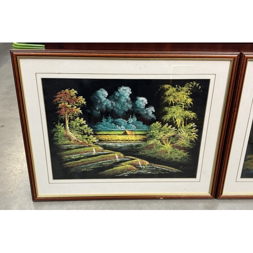 1631 - A pair of framed and glazed paintings on felt. COLLECT ONLY.