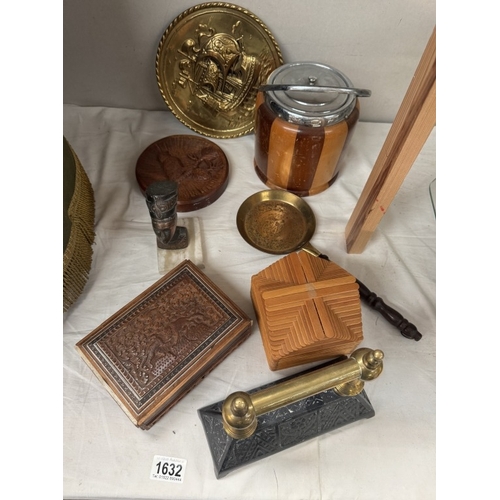 1632 - A Victorian brass & iron door stop biscuit barrel, carved wooden cigar box etc