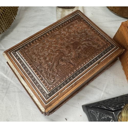 1632 - A Victorian brass & iron door stop biscuit barrel, carved wooden cigar box etc