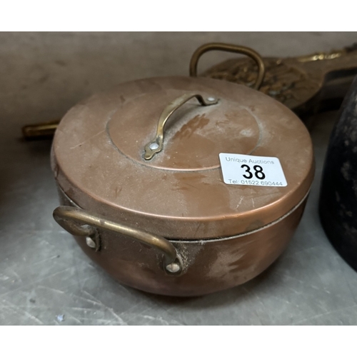 38 - 2 Victorian cast iron saucepans, copper kettle, brass bellows & an Air Ministry AM silver plate serv... 