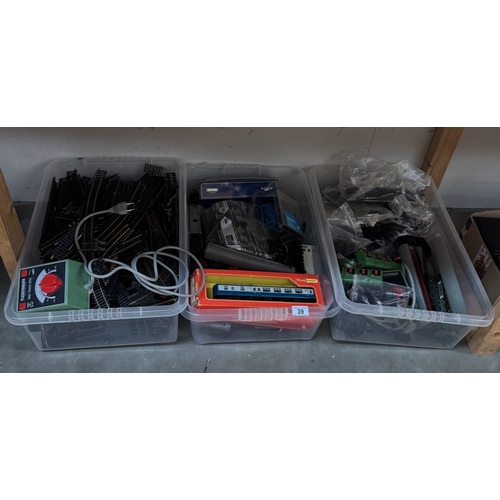 39 - 3 Boxes of track etc including Fleishmann power supplies, Triang Hornby coaches, Hornby Dublo 20738 ... 