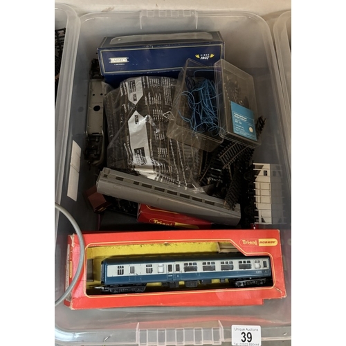 39 - 3 Boxes of track etc including Fleishmann power supplies, Triang Hornby coaches, Hornby Dublo 20738 ... 