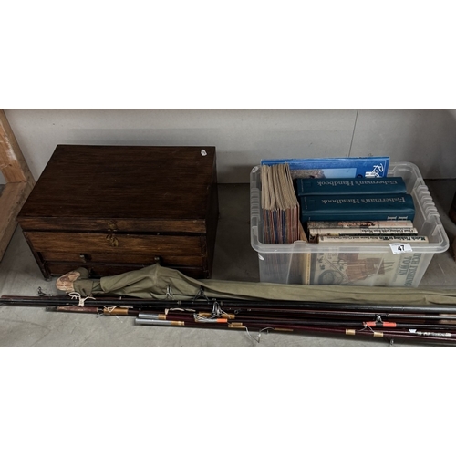 47 - A good collection of fishing items including Rods, Reels, Fishing box including weights, hooks, book... 