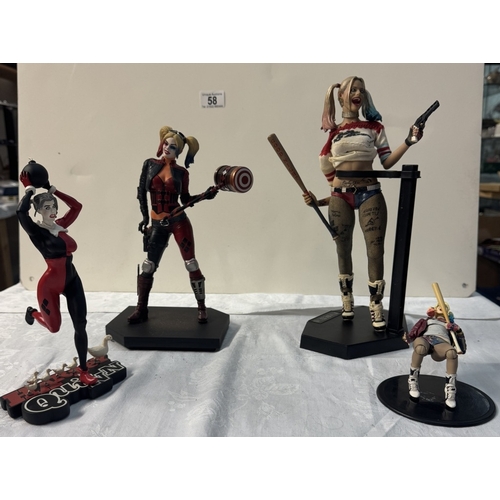 58 - A Harley Quinn standee & 4 Harley Quinn figures