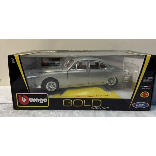 105 - A boxed Burago Jaguar Mark 2 (1959) Gold Collezione Scale 1/18 & A boxed Oxford Jaguar MK V11 M Worc... 