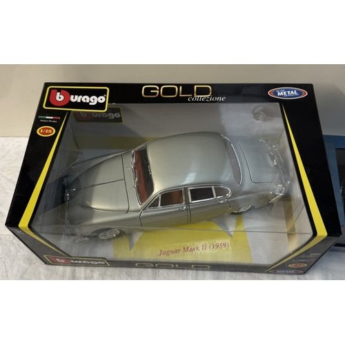 105 - A boxed Burago Jaguar Mark 2 (1959) Gold Collezione Scale 1/18 & A boxed Oxford Jaguar MK V11 M Worc... 