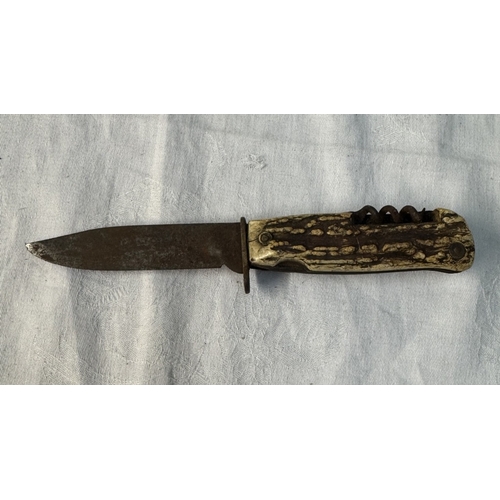 110 - A vintage carved antler grip skinning knife with corkscrew & decora Solingen blade & 2 Swiss multi t... 