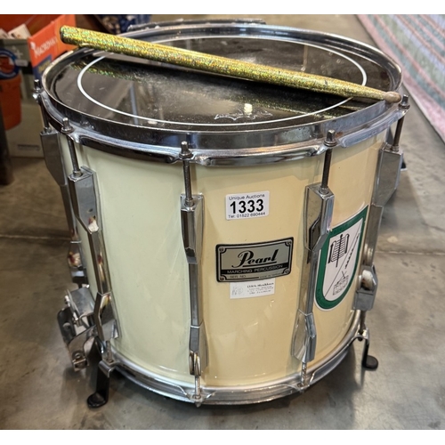 1333 - A Pearl 14 inch marching percussion snare drum (Serial No 960078) with carrier & drum major mace. Co... 