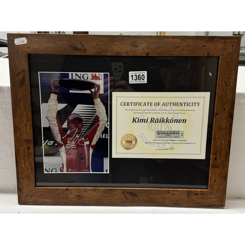 1360 - A framed & glazed signed Kimi Raikkonen photo with certificate of authenticity