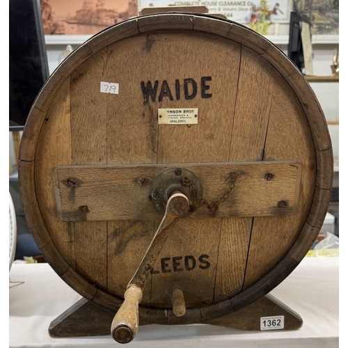 1362 - A 19th / 20th century large oak butter churn by Johnson Bros Spalding for Wade Leeds