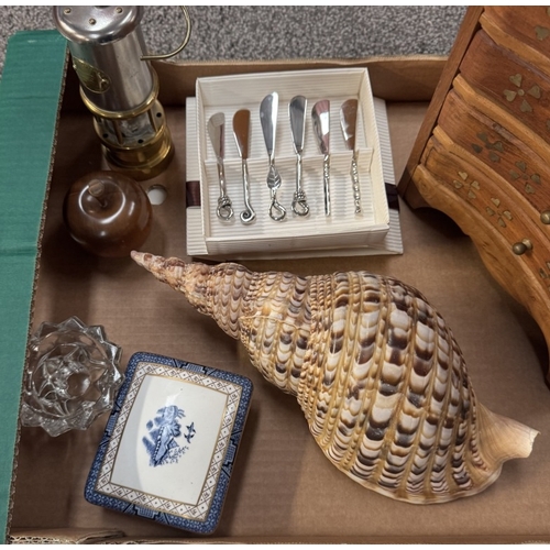 203 - A mixed lot including a jewellery box, candle snuffer, Shelly small miners lamp etc