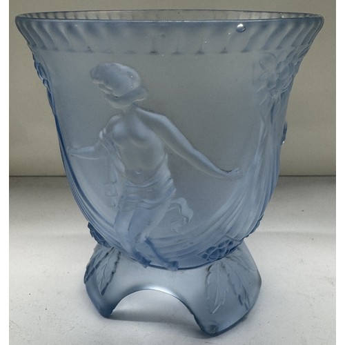 1100 - A blue glass vase featuring female figures on a black glass base.