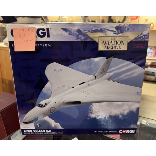 210 - 2 boxed model Vulcan Bombers, a boxed Victor Bomber & an unboxed Valiant Bomber from Corgi Aviation ... 