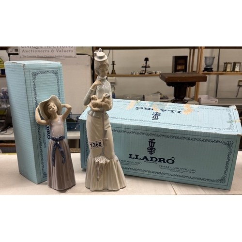 1368 - 2 boxed Lladro figures A walk with a dog & Trying on a straw hat