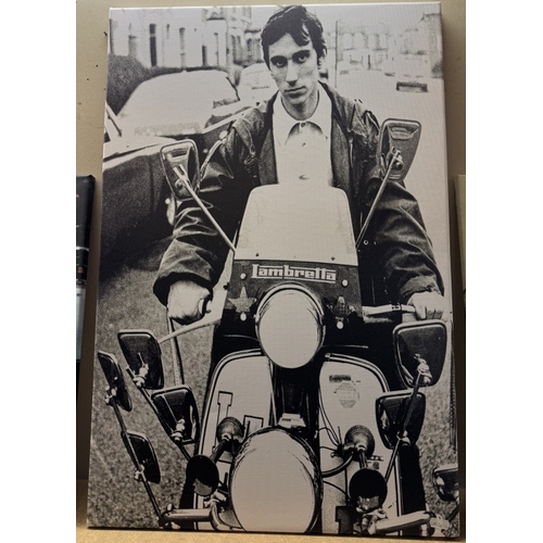 229 - 10 retro scooter, Mod prints on canvas including Quadrophenia, Sting, Lambretta & Vespa, various siz... 