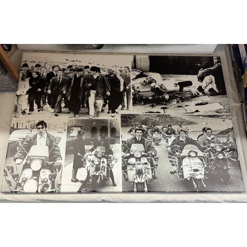 229 - 10 retro scooter, Mod prints on canvas including Quadrophenia, Sting, Lambretta & Vespa, various siz... 