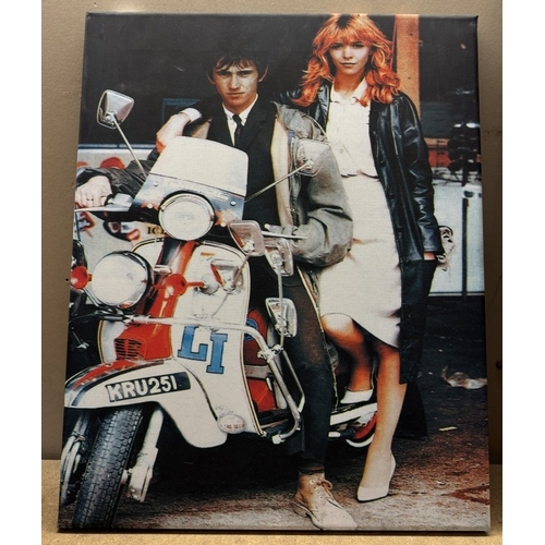 229 - 10 retro scooter, Mod prints on canvas including Quadrophenia, Sting, Lambretta & Vespa, various siz... 