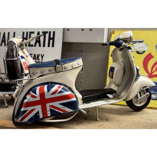 230 - 3 large pressed steel models of Lambretta/Vespa Mod scooters. Length 33cm