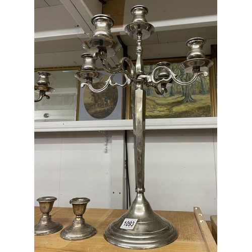 1093 - A pair of tall silver plate candleabra and a pair of small a/f silver candlesticks, COLLECT ONLY.