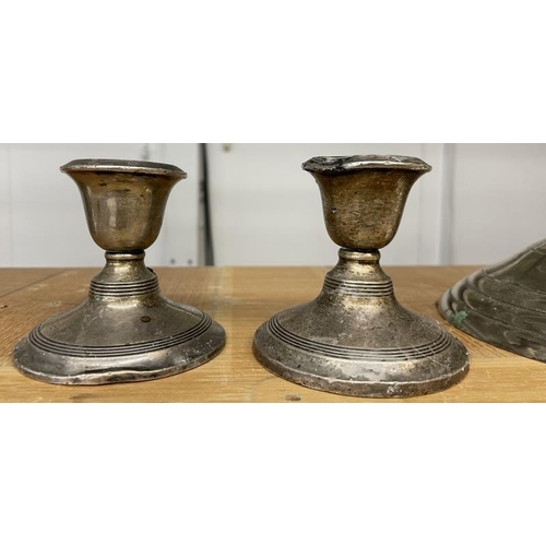 1093 - A pair of tall silver plate candleabra and a pair of small a/f silver candlesticks, COLLECT ONLY.