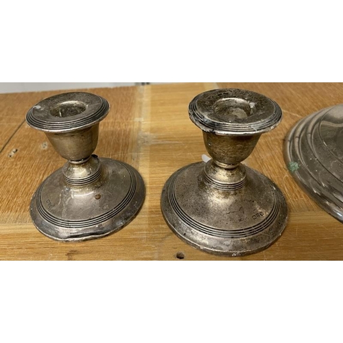 1093 - A pair of tall silver plate candleabra and a pair of small a/f silver candlesticks, COLLECT ONLY.