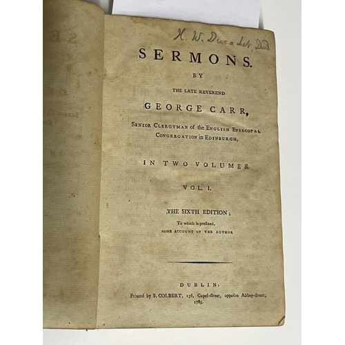 1208 - Carr, George, Sermons. 1785, Dublin. 6th ed. 2 vols. In 1. Front board detached.