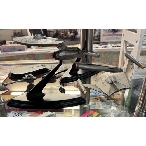 309 - A selection of Star Trek pewter spaceships (original & Next Generation - A/F damaged stands etc. & s... 