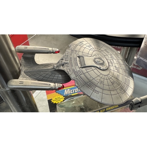 309 - A selection of Star Trek pewter spaceships (original & Next Generation - A/F damaged stands etc. & s... 