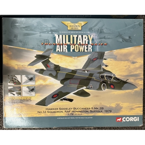 320 - 3 boxed Corgi Aviation Archive Buccaneer jets & 2 unboxed model Sea Vixen jets (A/F) AA34101, AA3410... 