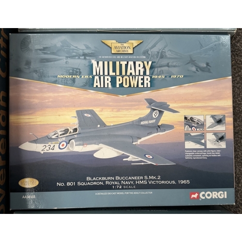 320 - 3 boxed Corgi Aviation Archive Buccaneer jets & 2 unboxed model Sea Vixen jets (A/F) AA34101, AA3410... 