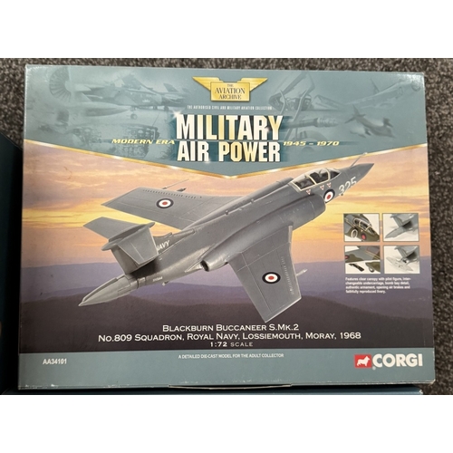 320 - 3 boxed Corgi Aviation Archive Buccaneer jets & 2 unboxed model Sea Vixen jets (A/F) AA34101, AA3410... 