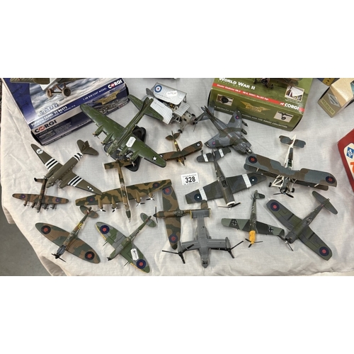 328 - A quantity of miscellaneous unboxed die cast military aircraft, World War 2 & Harrier jet & Osprey, ... 