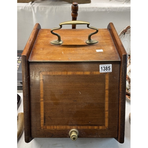 1385 - An inlaid mahogany coal box with brass fittings & shovel