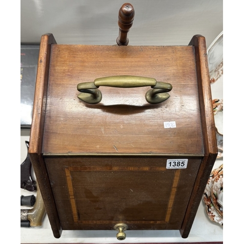 1385 - An inlaid mahogany coal box with brass fittings & shovel