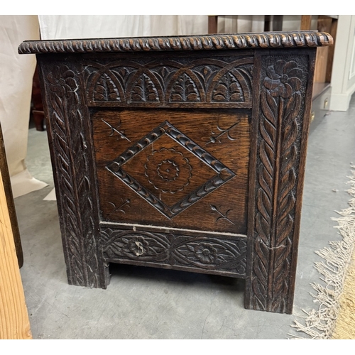 1408 - A 19th/20th century coffer/blanket box carved with horse & dogs heads - 113cm x 50cm x 50cm COLLECT ... 