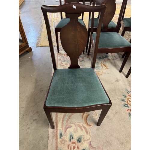 1416 - A set of 6 dining chairs with flame mahogany backs & turquoise fabric seats