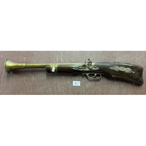 1417 - An ornamental Blunderbuss wall hanging with brass fittings & a replica sword COLLECT ONLY