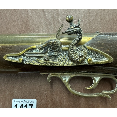 1417 - An ornamental Blunderbuss wall hanging with brass fittings & a replica sword COLLECT ONLY