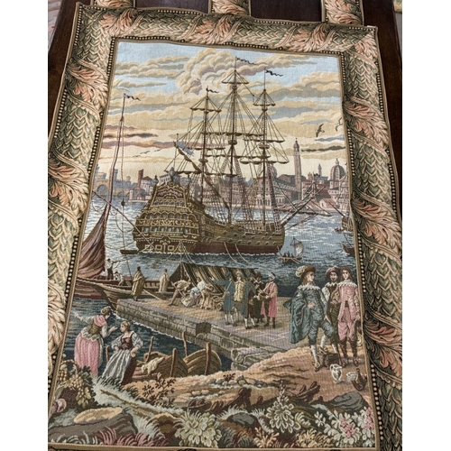 1422 - A good quality lined tapestry of a Galleon - 88cm x 118cm, 88cm x 130cm including loops COLLECT ONLY